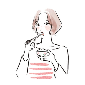 ご飯を食べるおしゃれな日本人女性広告素材