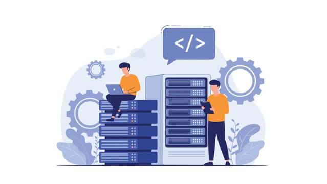 Dedicated men working with computer servers, one coding on a laptop, surrounded by gears and a code icon, symbolizing IT management, data center operations, and web development.