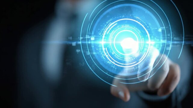 Technological Innovation: A close-up shot of a person's finger interacting with an illuminated digital interface, embodying futuristic technology, innovation and interaction.