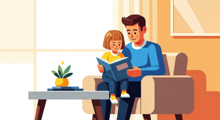 Fototapeta premium Father and Daughter Enjoy Story Time Together on a Cozy Sofa, Surrounded by Warm Colors and a Cheerful Atmosphere