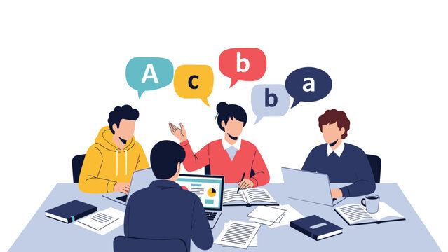 Diverse group of people engaged in an active discussion around a table, with speech bubbles displaying letters, symbolizing language learning.