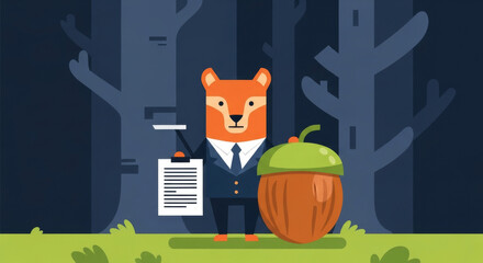 Obraz premium Cartoon Forest Setting Featuring a Dressed-up Fox Holding a Document Next to a Large Acorn