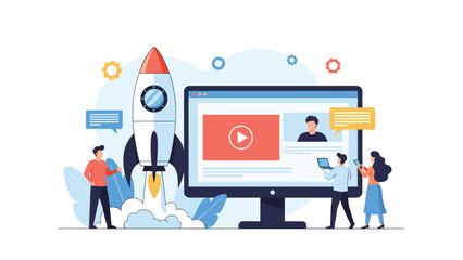 Team of people working on computers next to a rocket launch and video interface, signifying digital marketing, product launch, or startup.