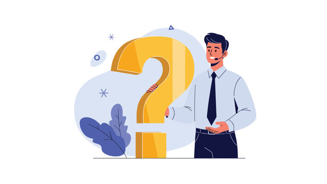Professional man wearing a headset and presenting a large golden question mark, symbolizing customer support, FAQ, or problem-solving.