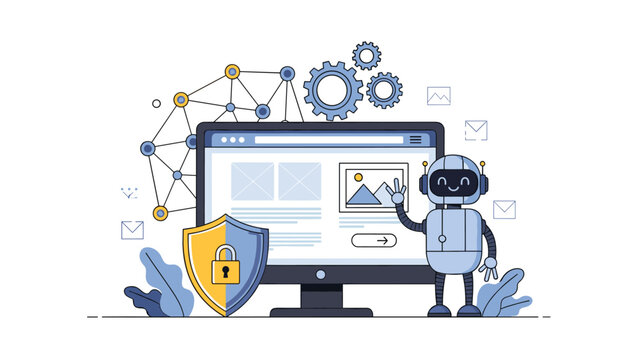 Friendly robot interacting with a computer screen displaying web design elements, alongside a shield and network, symbolizing cybersecurity and automation.
