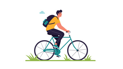 Fototapeta premium Happy young man with a backpack enjoying a leisurely ride on his bicycle across a green grassy landscape on a pleasant sunny day.