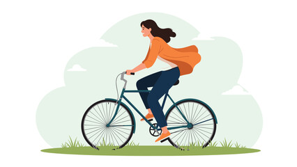 Obraz premium Joyful woman with flowing hair enjoying a peaceful ride on her bicycle across a green, outdoor landscape on a breezy day.