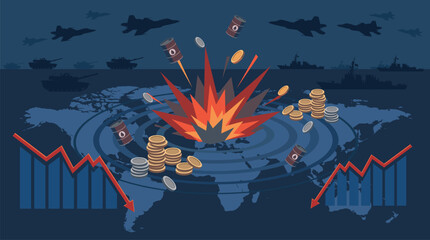 Global financial crisis illustration with explosion, oil, and coins on world map © khae