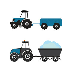 Fototapeta premium Blue Farm Tractor Pulling Cargo Trailer and Wagon
