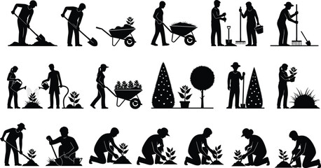 Gardening silhouette set featuring people planting watering with cans pushing wheelbarrows and using shovels for professional landscaping backyard hobby and agricultural design projects © Md Joni Islam