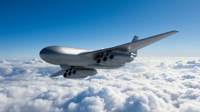 A sleek, futuristic silver aircraft with multiple engines flies above a sea of white clouds against a bright blue sky. The aircraft has a broad, blended wing design and a distinctive, elongated fusela
