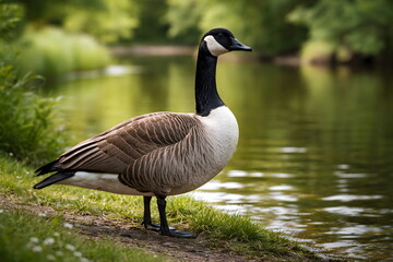 Obraz premium Canada goose standing near a calm lake surrounded by green nature.