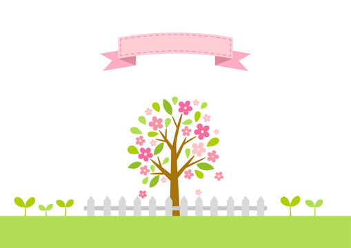 Cherry blossom trees and fence,sprouts,ribbon. Spring nature decoration background.