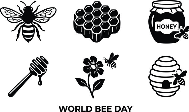 Black silhouette bee icons including honeycomb honey jar stick flower hive and flying bee for world bee day awareness flat design set with nature and ecology theme