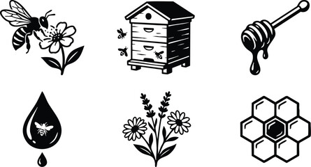 Black and white vector art set showing honey bee collecting nectar from flower bee hive box with flying bees dripping honey dipper flower bouquet and honeycomb cells hexagonal design