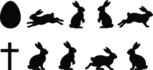 Collection of Easter bunny silhouettes set including jumping rabbits egg and cross icons for spring holiday celebration design isolated vector illustrations on white background