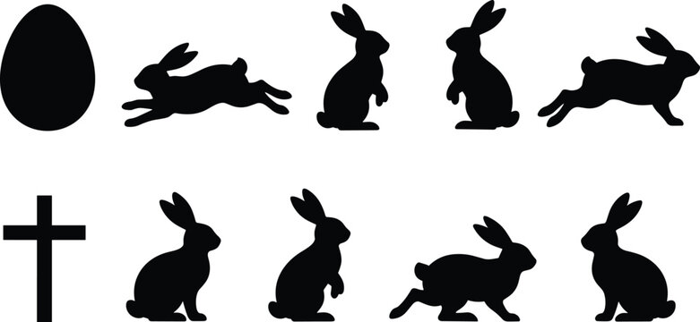 Collection of Easter bunny silhouettes set including jumping rabbits egg and cross icons for spring holiday celebration design isolated vector illustrations on white background