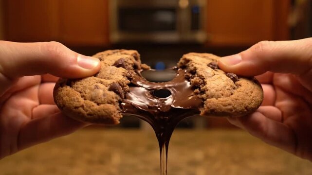 Hands Breaking Chocolate Chip Cookie in Half.