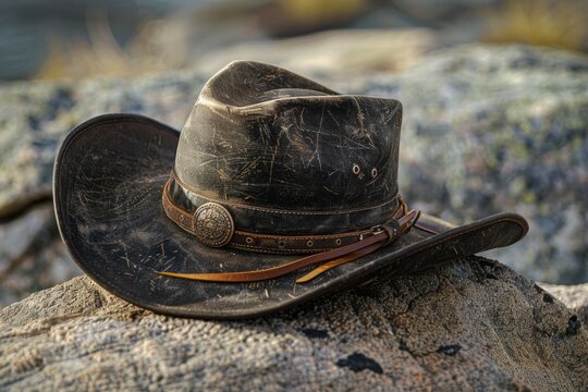 Weathered cowboy hat with leather band and metal concho resting on a rock in a natural setting, evoking a sense of adventure and the wild west