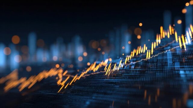 Financial Data Visualization: Dynamic representation of financial data, showcasing market trends and fluctuations with glowing lines and abstract bokeh, creating a sense of growth and analysis.