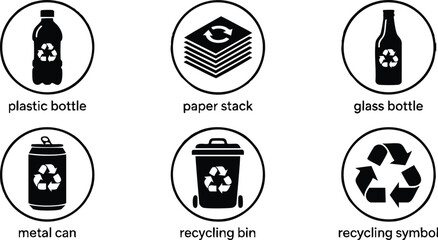 Black and white flat design recycling icons including plastic bottle paper stack glass bottle metal can recycling bin and recycling symbol for environmental awareness
