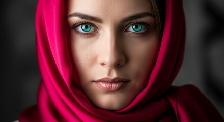 Fototapeta premium Close-up of a face of a woman wearing a red headscarf, showcasing serene eyes and a smooth complexion, representing inner peace and spirituality
