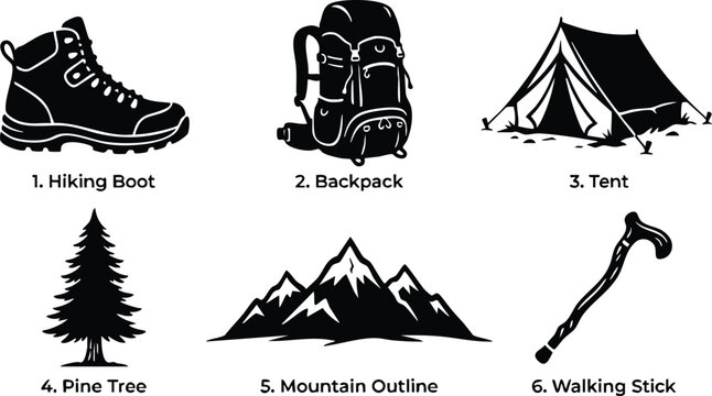 Black and white hiking gear icons including hiking boot side view backpack front tent campsite pine tree silhouette mountain outline and walking stick vector set