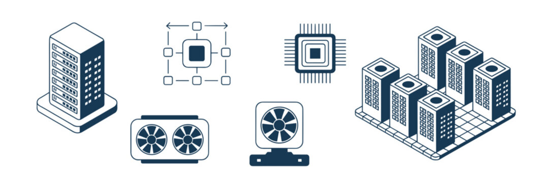 Enterprise HPC and server rack outline icons &ndash; Perfect for data center brochures, IT infrastructure blogs, or corporate tech decks.