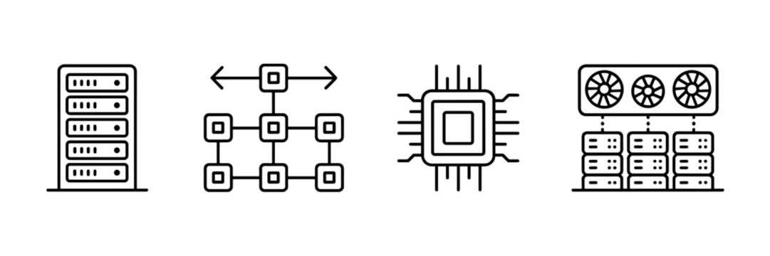 High performance computing HPC icon set &ndash; Ideal for enterprise server solutions, scientific research, or supercomputer technology.