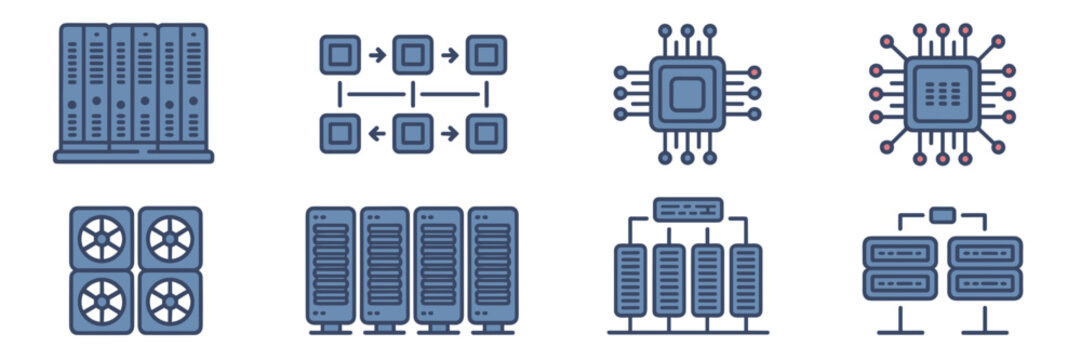 Blue and gray HPC infrastructure icons &ndash; Suitable for cloud capacity marketing, network engineering, or server management tools.