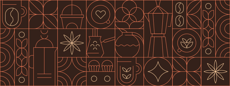 Abstract geometric coffee pattern in minimalist style. Vector seamless background with hand drawn line art beans, drink cups, hot teapot, plant leaves, muffins, bauhaus outline elements for cafe menu