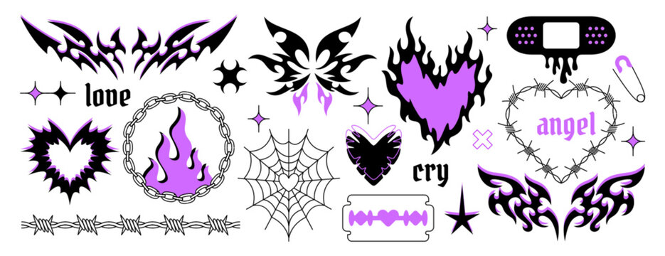 Y2k gothic tattoo set. Neo tribal elements, goth butterfly sticker, flaming heart, barbed wire, blade, s spider web and punk rock chains. Hand drawn neotribal cyber sigilism icons in trendy emo style