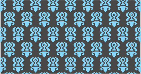 Seamless ornamental pattern with blue abstract motifs on dark background forming repeating decorative tiles, suitable for textile design, wallpaper, packaging, and modern backgrounds.