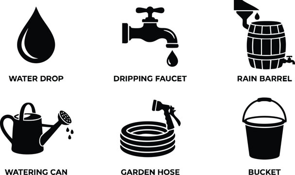 Black silhouette icons set including water drop dripping faucet rain barrel watering can coiled garden hose and empty bucket vector illustration