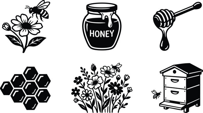 Black and white vector art set featuring honey jar dripping honey dipper bee flying near flowers honeycomb and wooden beehive illustration collection