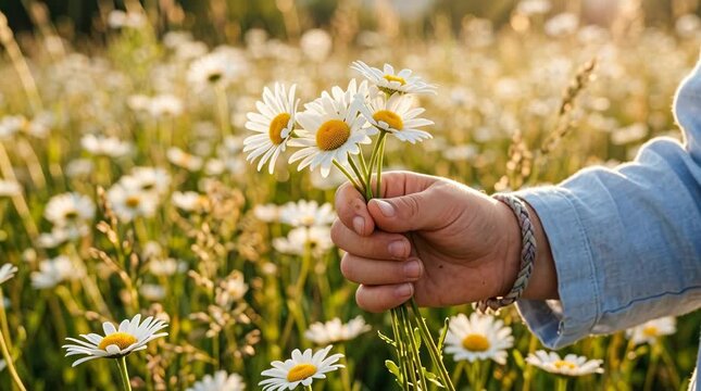 Hand holding a small bouquet of daisies in a sunny meadow during summer, simple nature moment symbolizing freshness, countryside lifestyle, seasonal beauty and natural wellness.