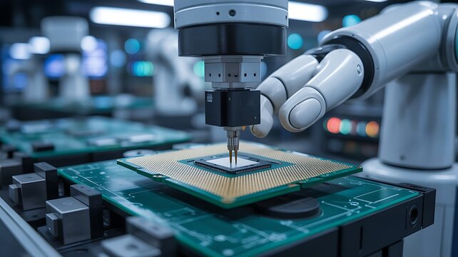 Robotic arm precisely placing microchip onto circuit board in cleanroom manufacturing environment