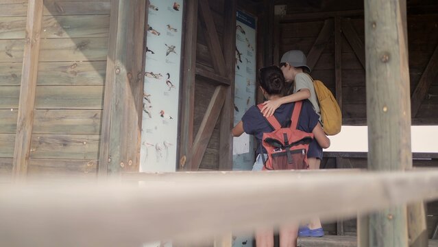Family enjoying wildlife observation, parent and child bonding in a bird hide learning about different species from an informative display board in nature refuge