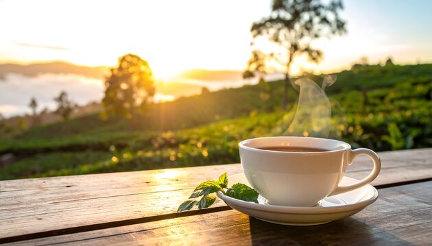 Steaming tea cup sits atop a wooden table, with a sunny, green landscape and misty mountains in the background