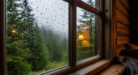 Cozy cabin window with raindrops on a gloomy day