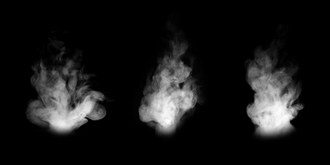 White smoke or steam clouds rising and swirling isolated on black background, abstract fog texture effect for overlay design, vapor, mist, atmospheric element for visual effects, cinematic composition