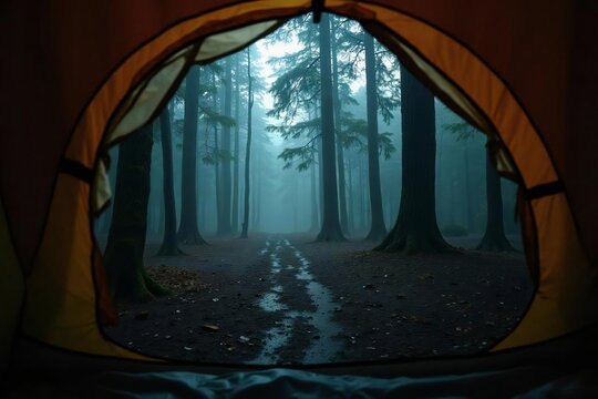 Cozy campsite in misty forest with tent and towering trees