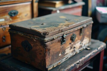 Antique wooden chest with metal hinges and clasps, showing signs of age and wear, resting on a table