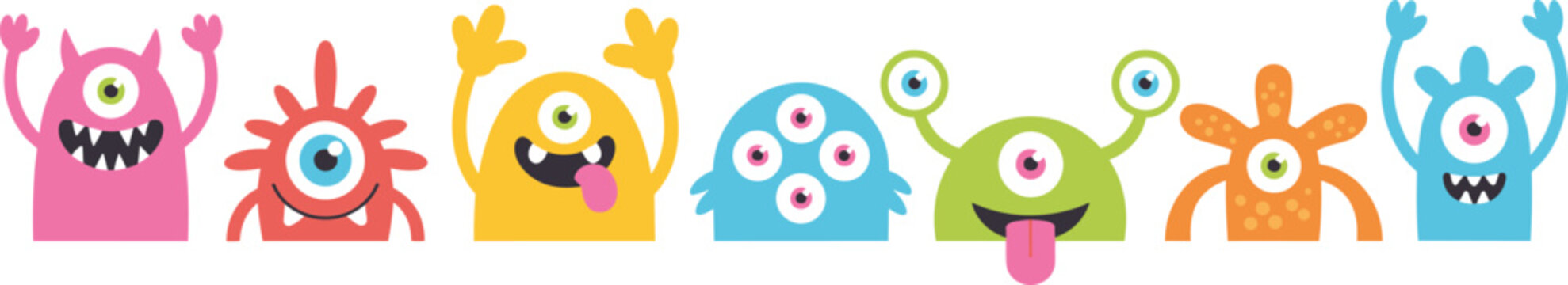 Cute colorful cartoon monsters characters set funny alien creatures kids design collection playful fantasy mascots flat vector illustration