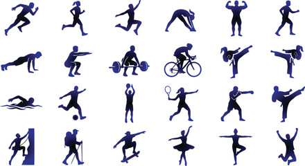 Collection of various sports and fitness activities in silhouette form on white background for graphic design  people exercising and playing sports © Be Creative