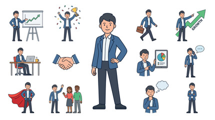 A diverse character set of business icons featuring a central male office worker in various professional roles and actions in a flat design style