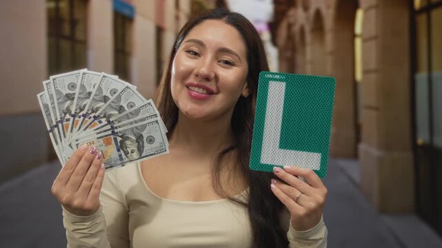 Woman holds fanned stack of hundred dollar bills and learner sign on a historic street; determination.
