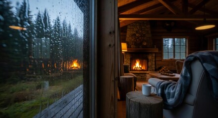Fototapeta premium Cozy cabin interior with warm fireplace on a rainy day outside