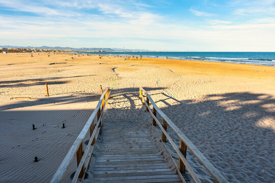 Access to Malvarrosa beach in the Mediterranean city of Valencia, Spain.