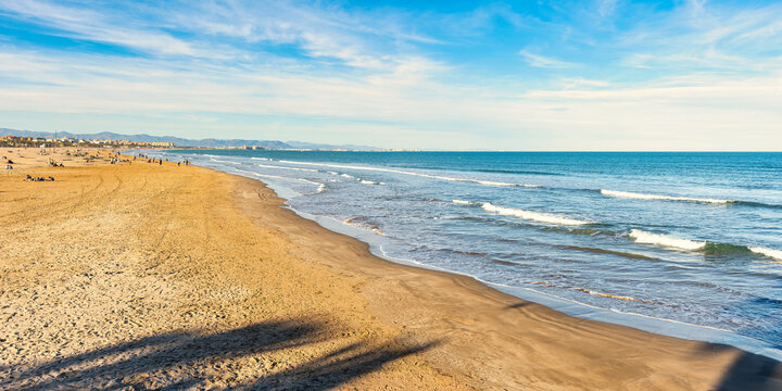 Golden sand on Malvarrosa beach on the Mediterranean coast, Valencia.